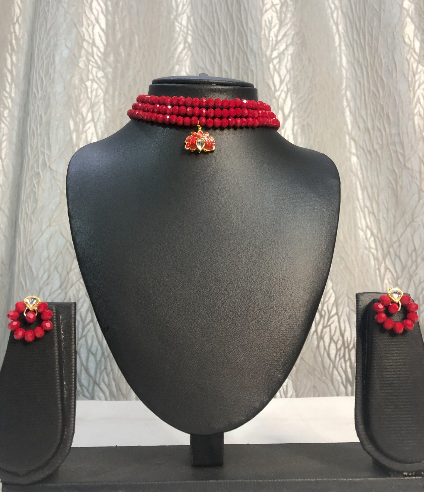 Elegant Red Glass Bead Choker with Lotus Pendant and Round Earrings