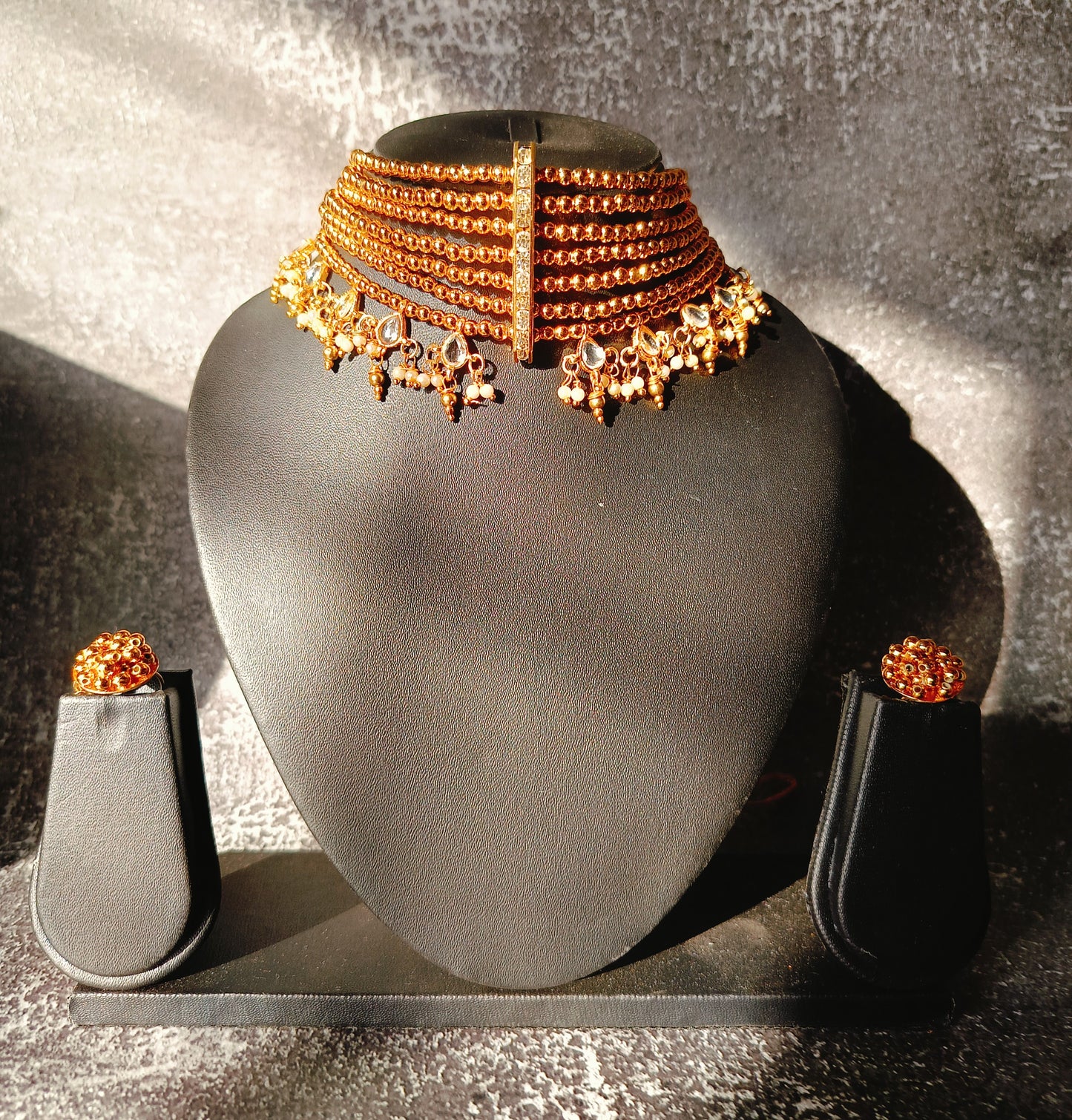 Gold-Toned Choker Set with Pearl Accents and Earrings