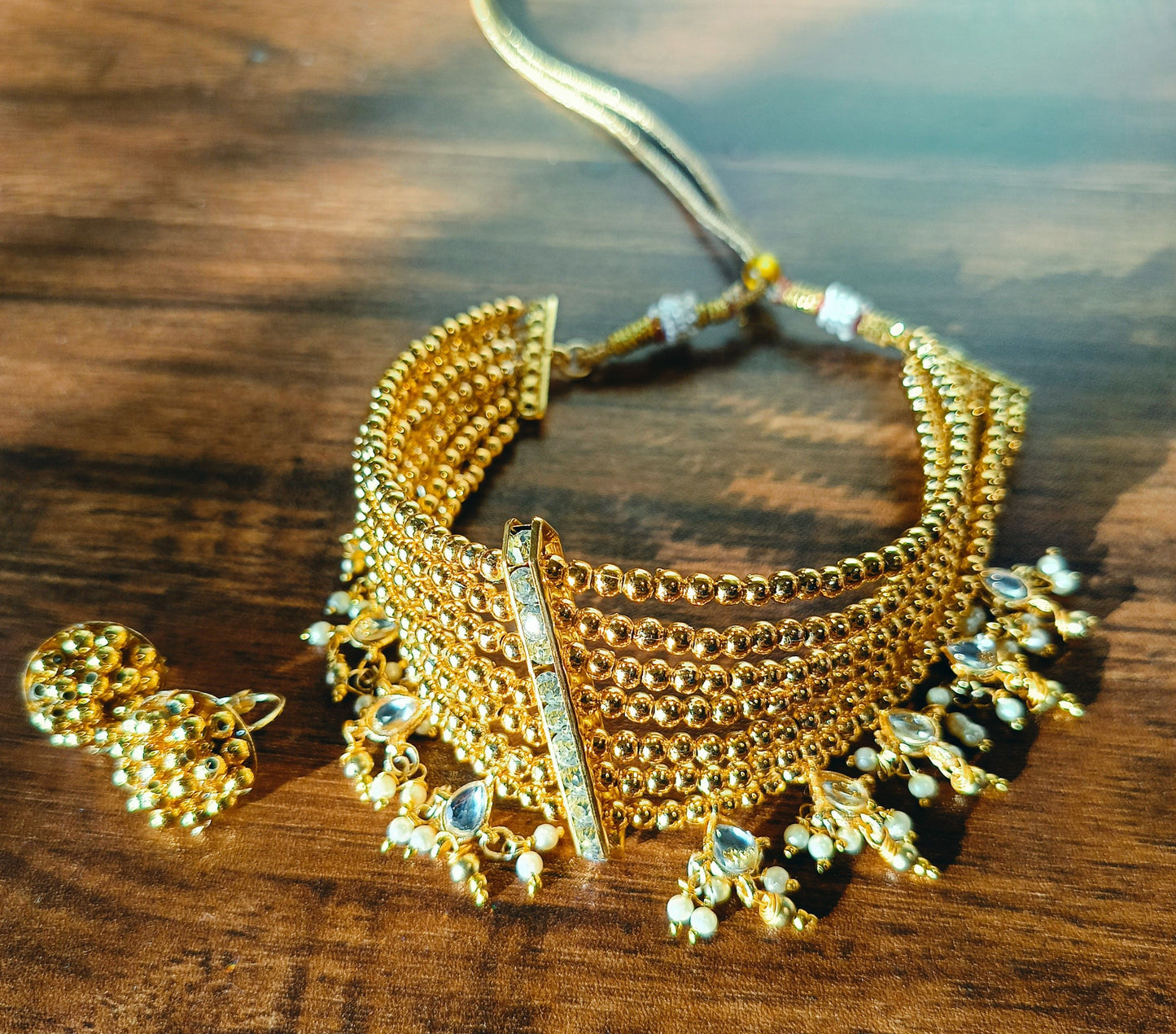 Gold-Toned Choker Set with Pearl Accents and Earrings