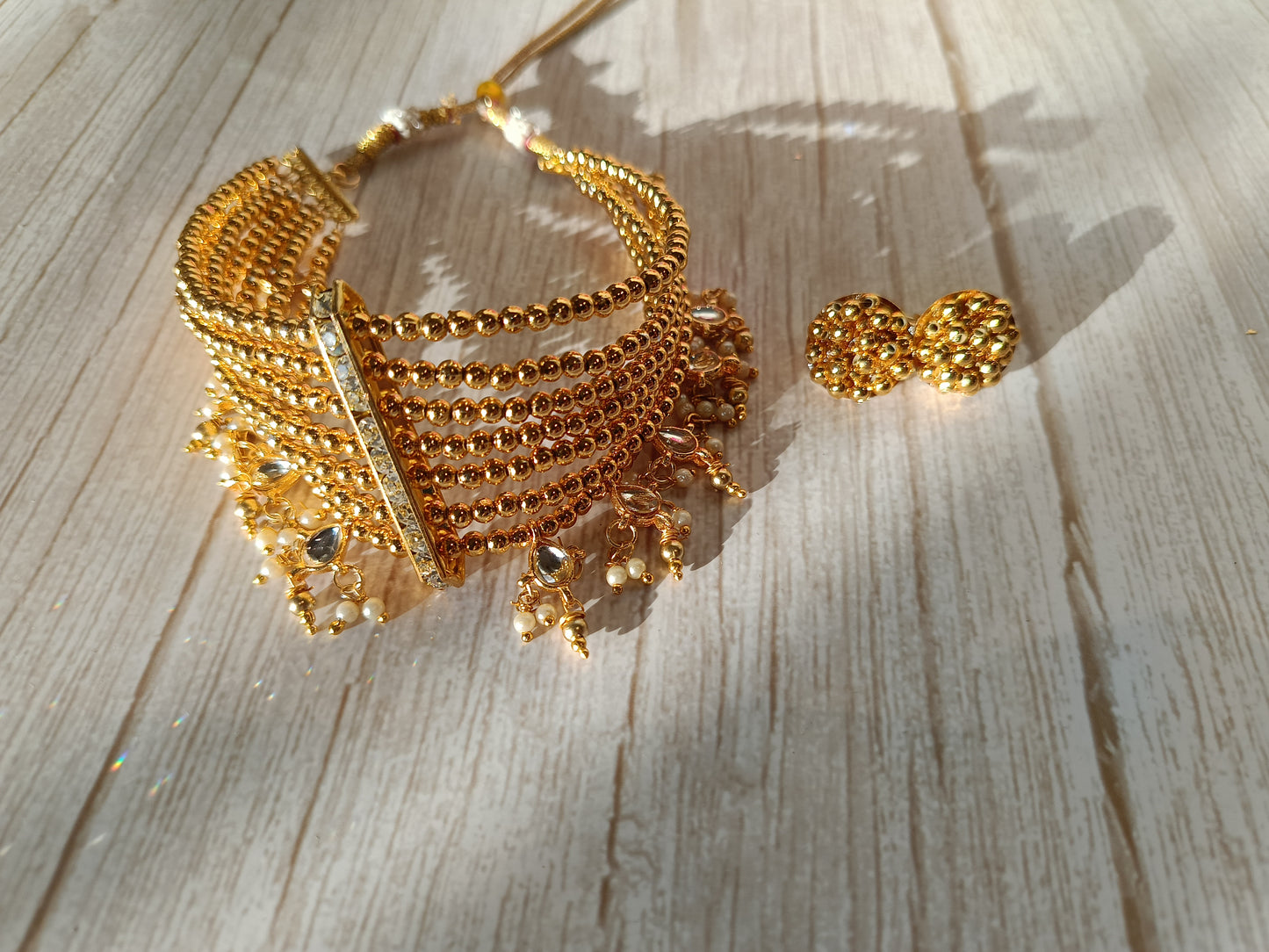 Gold-Toned Choker Set with Pearl Accents and Earrings