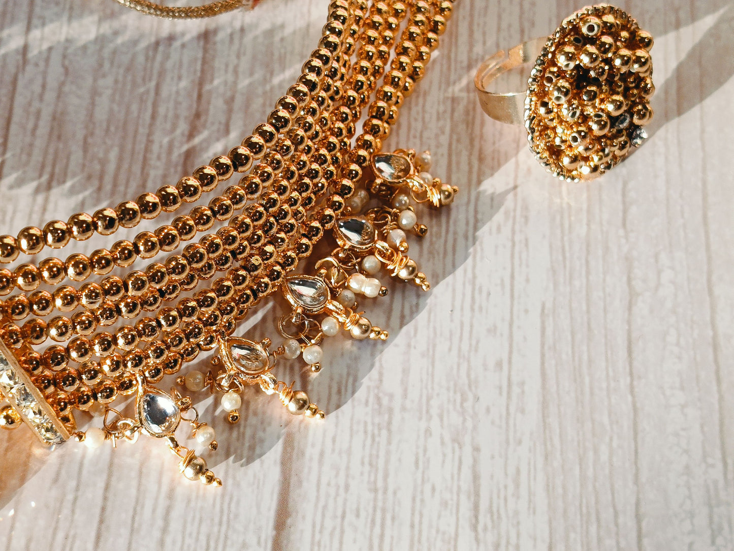 Gold-Toned Choker Set with Pearl Accents and Earrings
