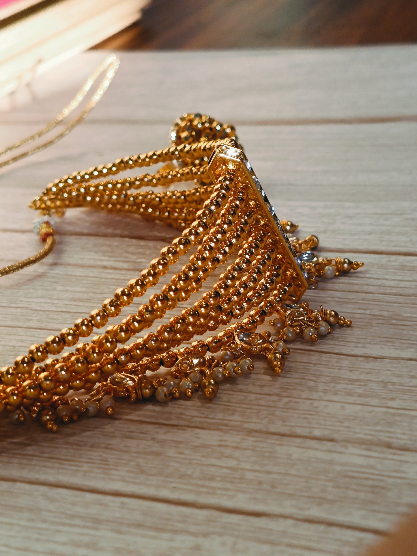 Gold-Toned Choker Set with Pearl Accents and Earrings