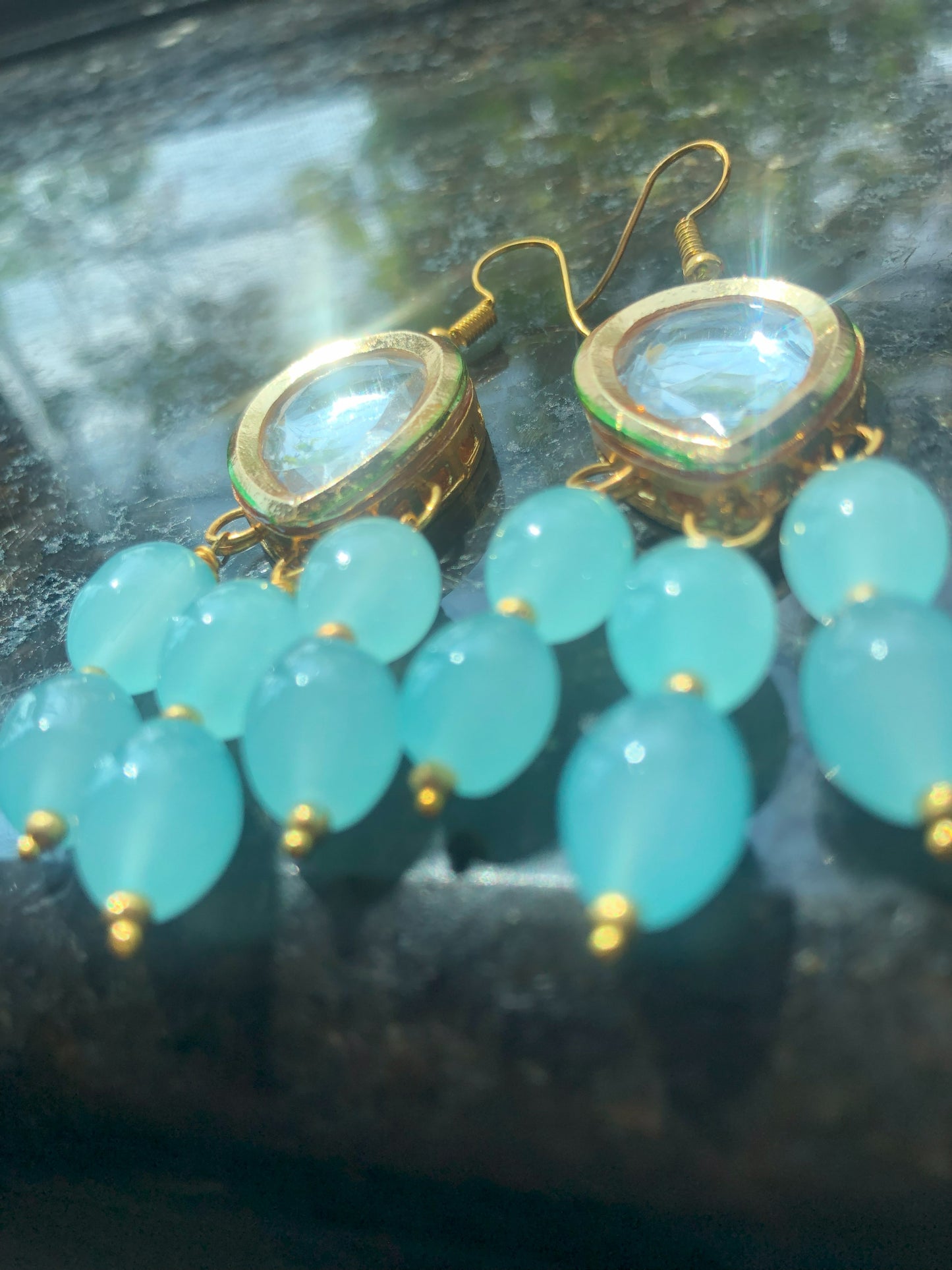 Elegant Meenakari Drop Earrings with Kundan and Pastel Blue Beads