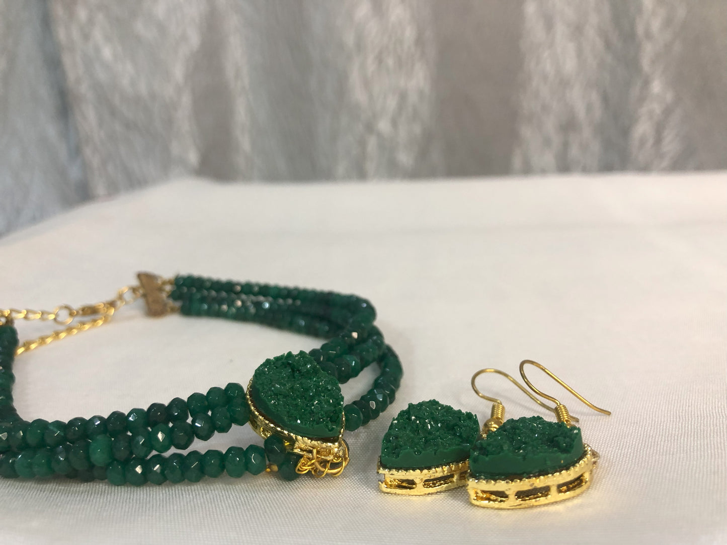 Green Onyx Beaded Choker with Layered Strands and Matching Drop Earrings