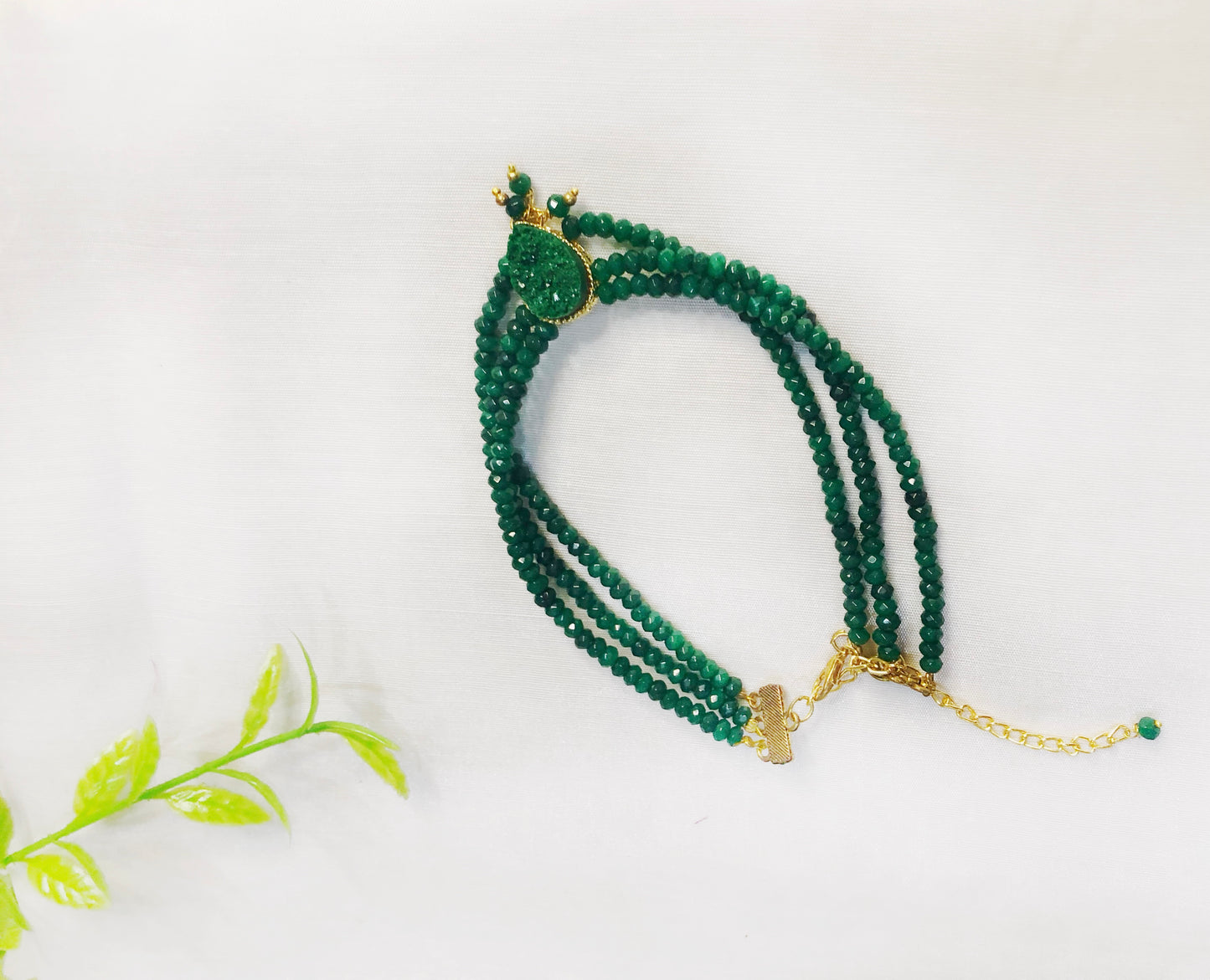 Green Onyx Beaded Choker with Layered Strands and Matching Drop Earrings