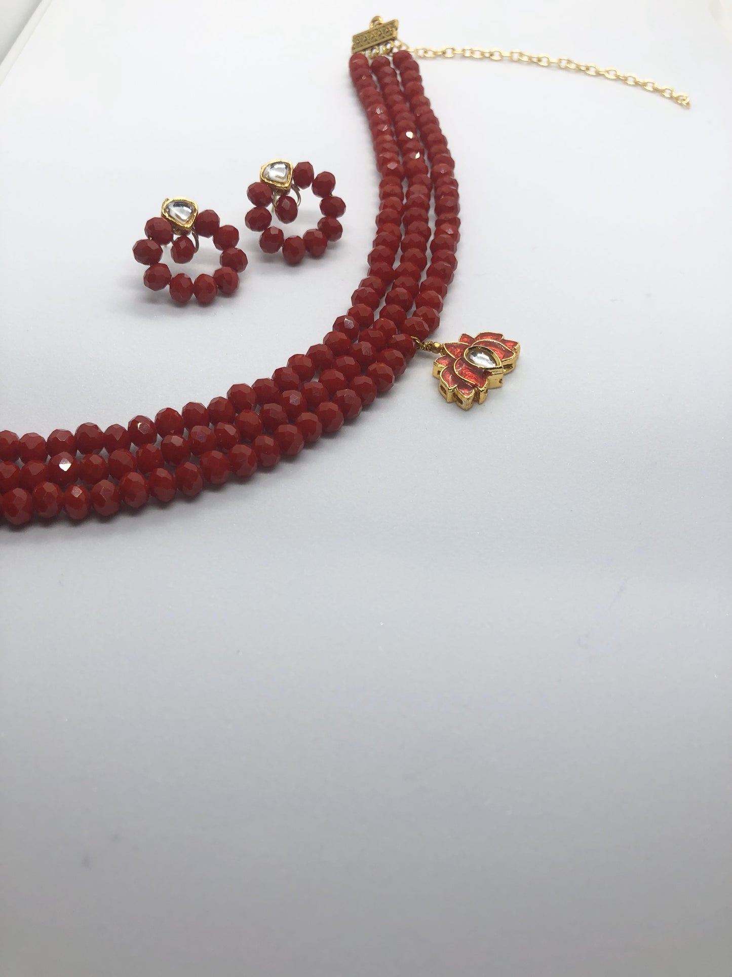 Elegant Red Glass Bead Choker with Lotus Pendant and Round Earrings