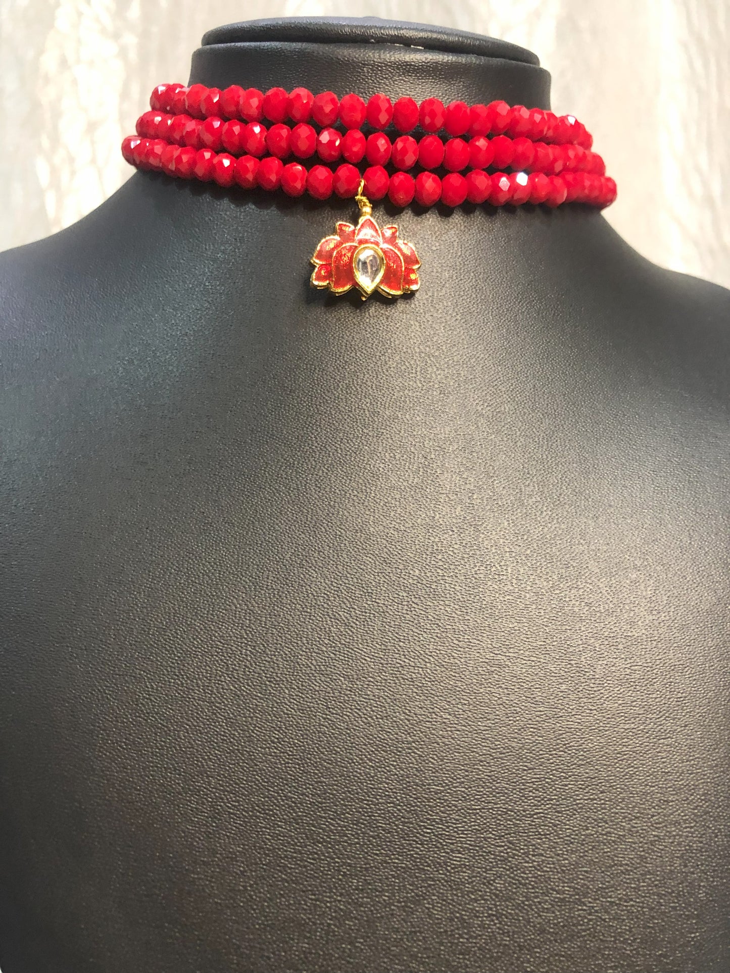 Elegant Red Glass Bead Choker with Lotus Pendant and Round Earrings