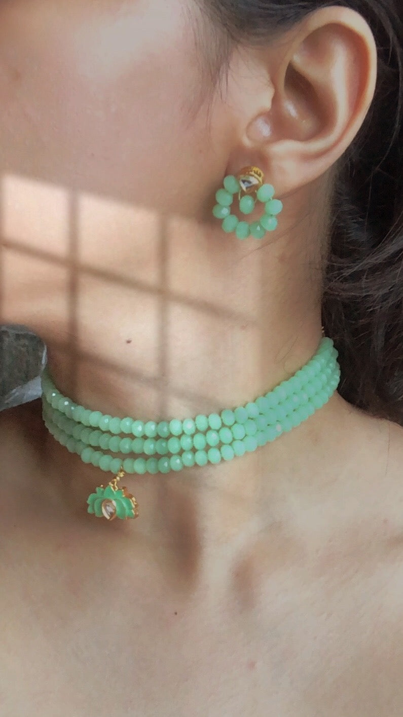 Delicate Mint Green Glass Bead Choker with Lotus Pendant and Round Earrings