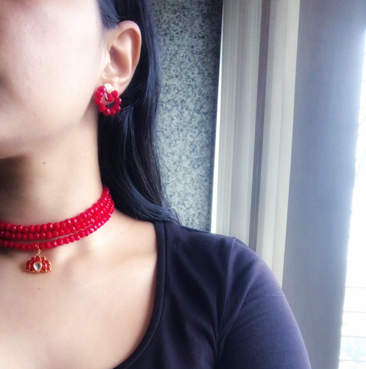 Elegant Red Glass Bead Choker with Lotus Pendant and Round Earrings