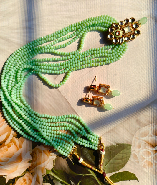 A1-Minty Tire Crystal Bead Necklace and Earrings Ensemble
