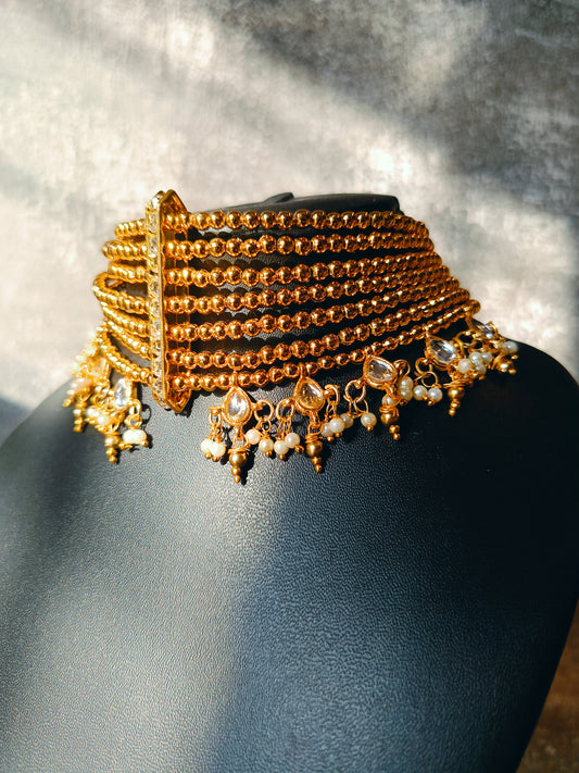Gold-Toned Choker Set with Pearl Accents and Earrings