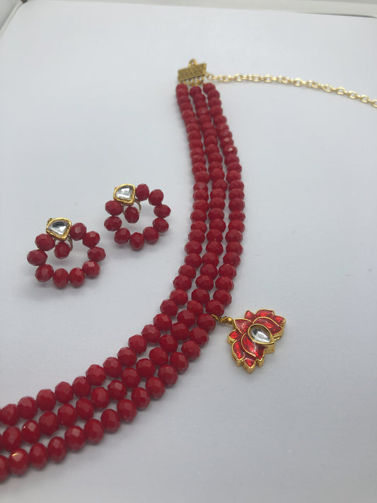 Elegant Red Glass Bead Choker with Lotus Pendant and Round Earrings