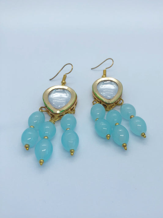 Elegant Meenakari Drop Earrings with Kundan and Pastel Blue Beads