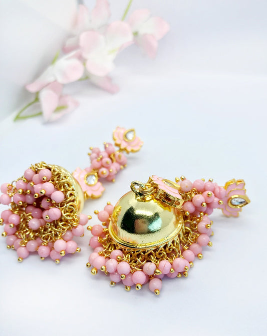 Delicate Pink and Golden Jhumkas with Unique Lotus Pendant